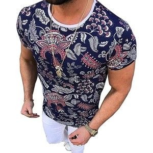 Men's Summer Casual Slim Fit Short Sleeve Crew Neck Floral Graphic Hawaiian L